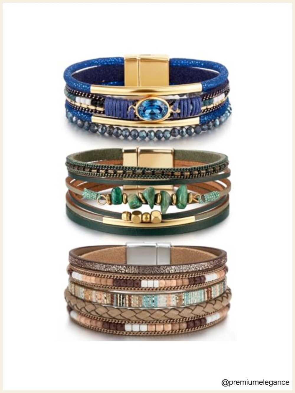 3pcs Leather Wrap Bracelets Multi-Layer Crystal Beads Stone Boho